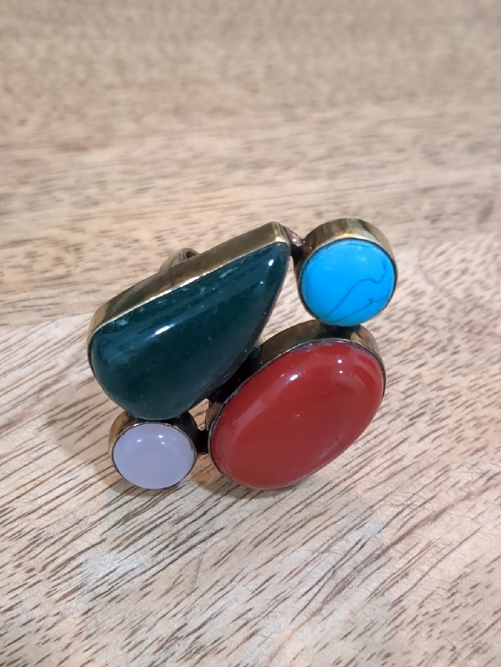 Multicolor Statement Ring - Green, Red, Turquoise And Pink Quartz In Brass